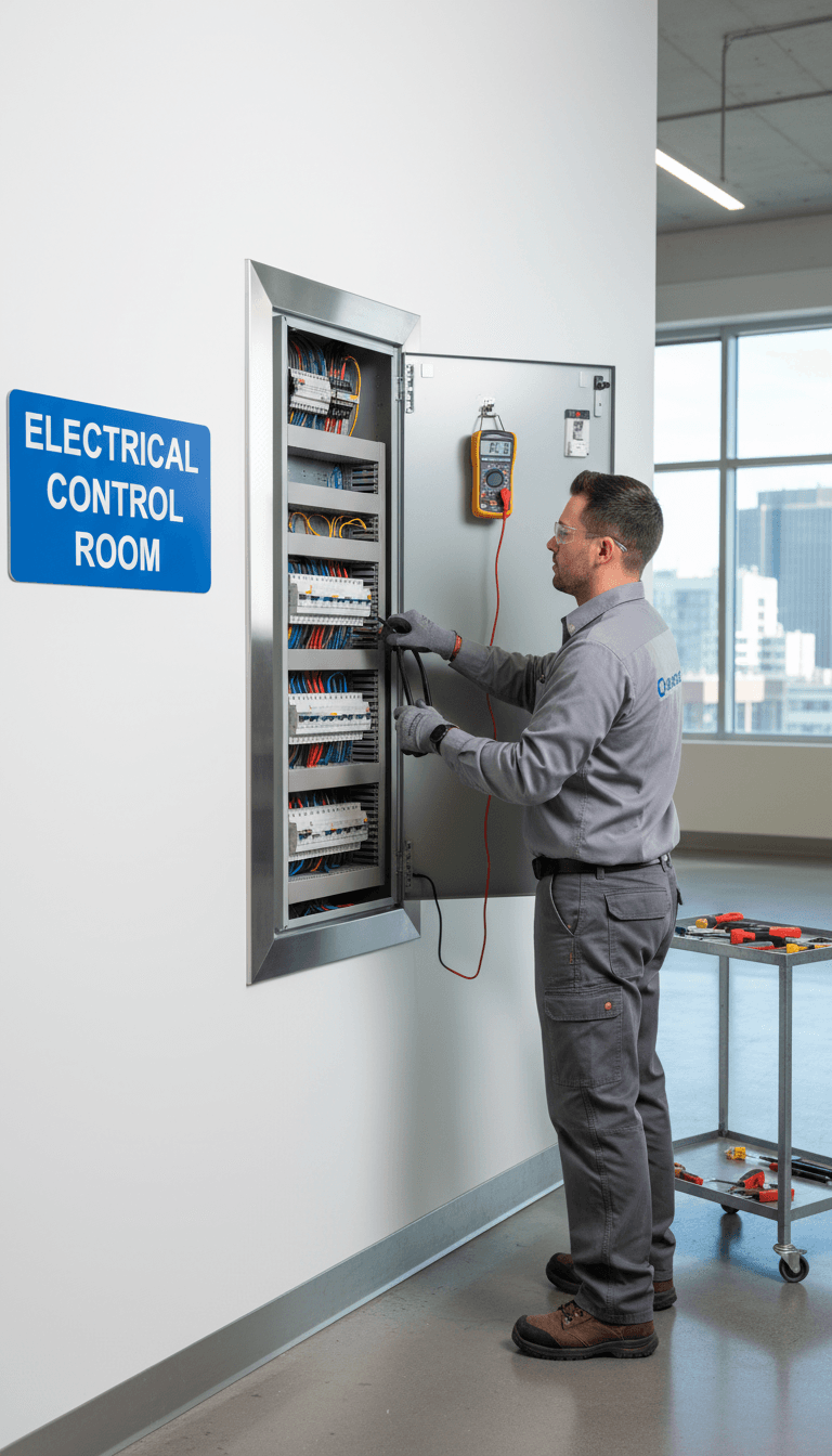 Professional electrician working at electrical panel in modern commercial setting