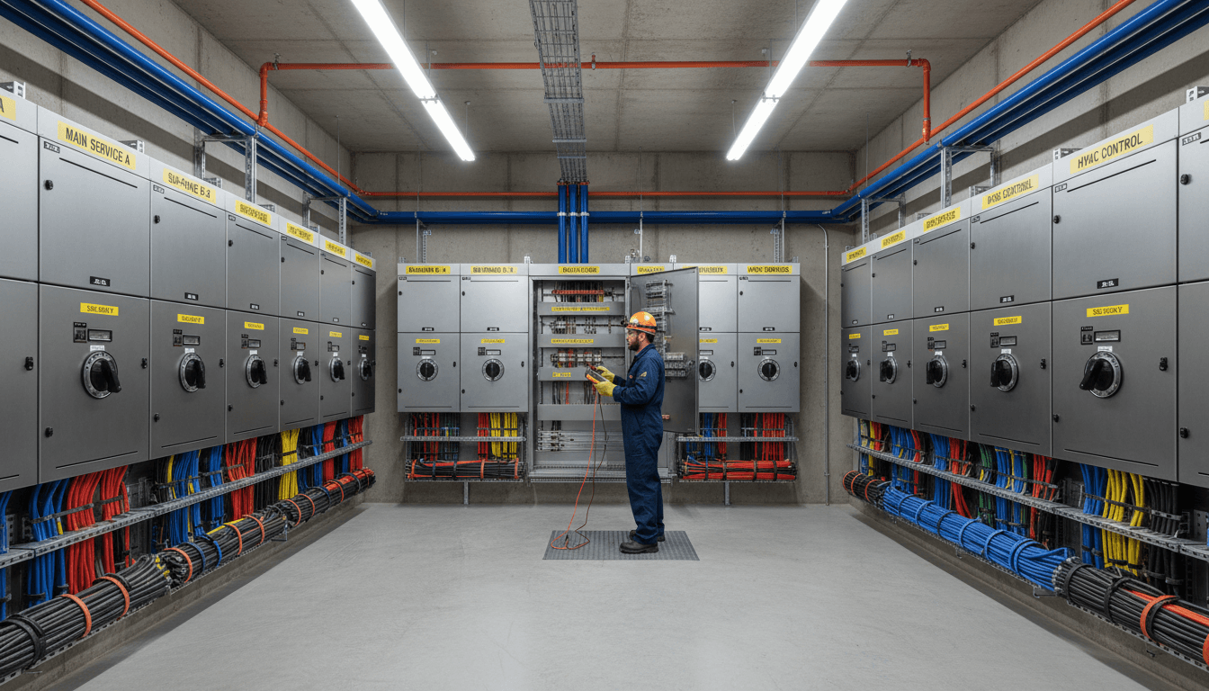 Qualified electrician working on commercial electrical systems