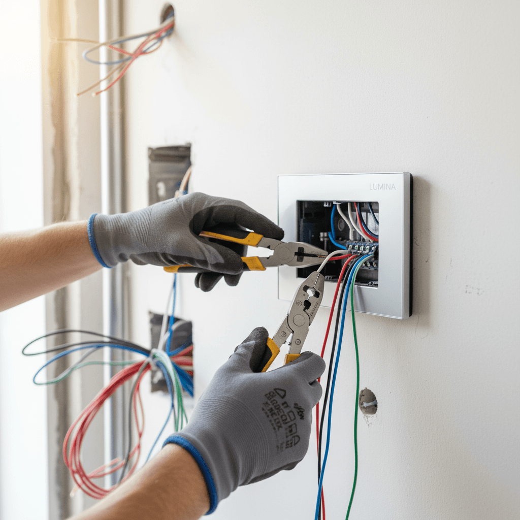 Electrician installing wiring in domestic property