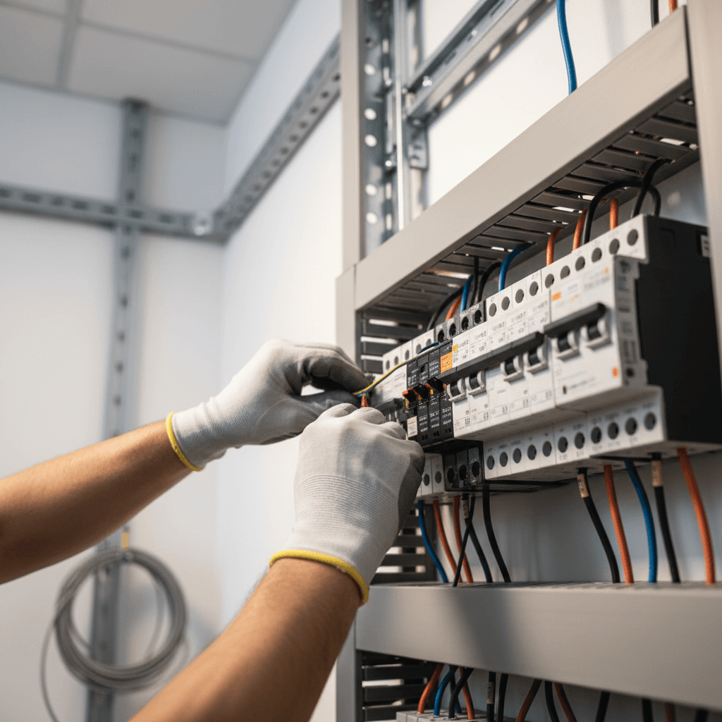 Electrician installing commercial electrical panel